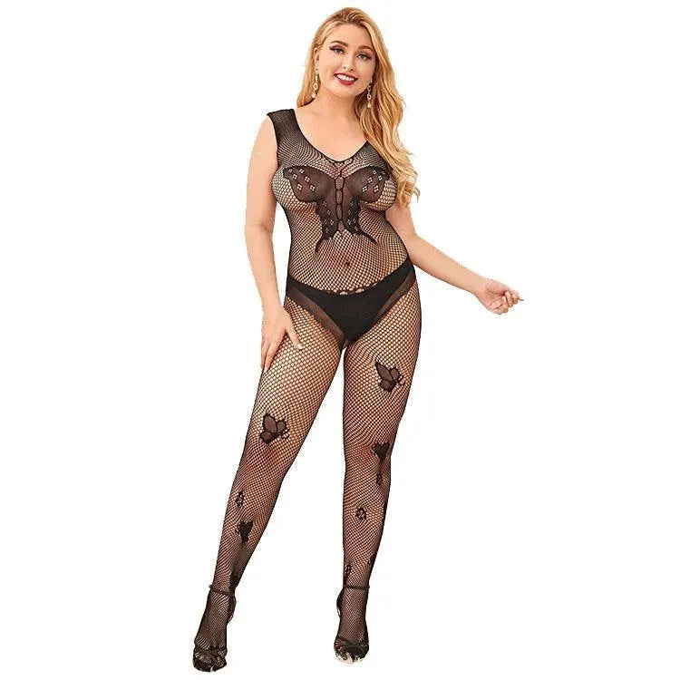 Black Butterfly Pattern Bodystocking - One Size and Queen Available - EdenSeduce